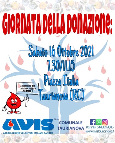 Donazione di Sangue - 16 ottobre piazza Italia
